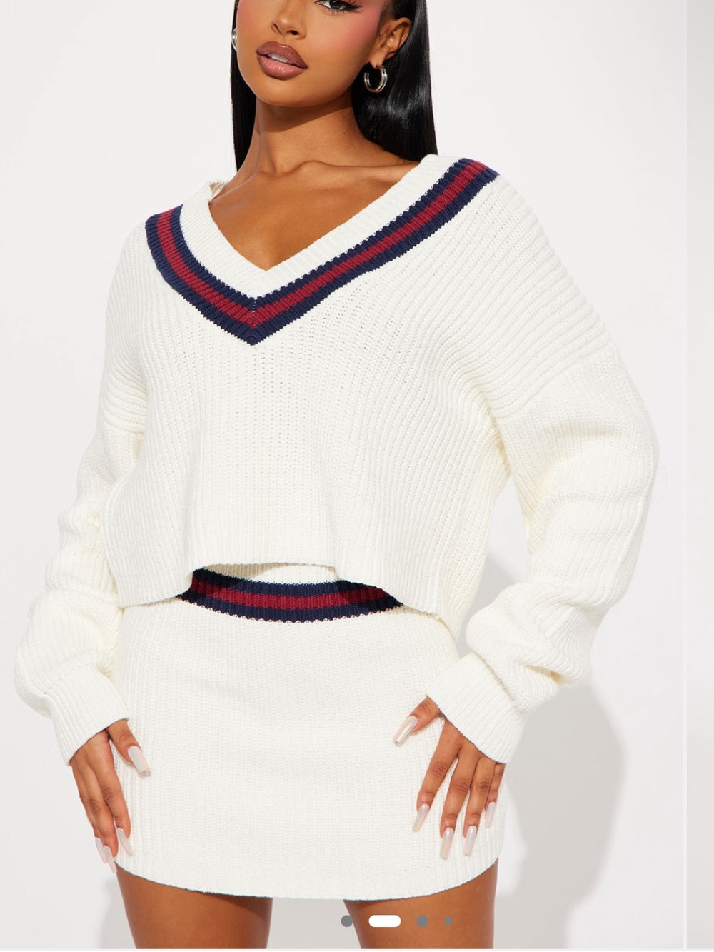 Fashion Nova Ivory V-Neck Sweaters and skirt  with Navy and Burgundy Trim